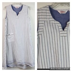 Biba cotton A line Kutra tunic top / dress lined pinstripe sleeveless split neck